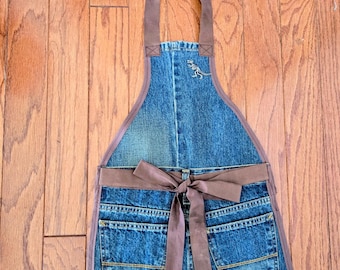 Boys Upcycled Denim Apron | Skeleton Dino Pin, Kids Size 16
