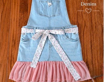 Girls Pink Kitty Upcycled Denim Dress | Cat Lover Gift, Size 12