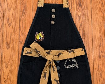 Girls Western Horse Denim Apron Size 12 | Upcycled Handmade Cowgirl Baking Crafting