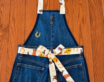 Girls Denim Apron | Upcycled Jeans, Western Horse Print, Size 12