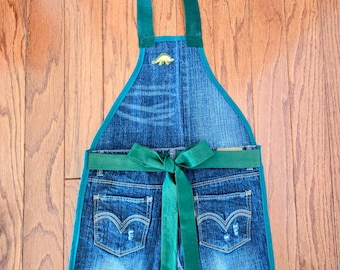 Boys Dinosaur Denim Apron: Handmade Upcycled Jean, Personalized Junior Chef (Size 16)