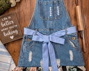 Girls Upcycled Denim Overall Dress | Size 12 | Floral Ruffle Skirt Jumper