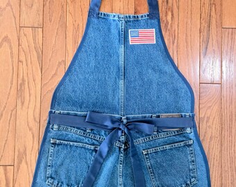 Handmade Upcycled Denim Apron: American Flag BBQ Grilling (Size 38)