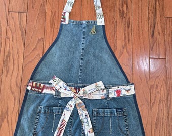 Upcycled Denim Christmas Apron | Embroidered Tree, Lace Trim, Farmhouse Style