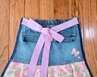 Girls Upcycled Denim Apron | Butterfly Embroidery, Lavender Tie, Pink Camo Ruffle