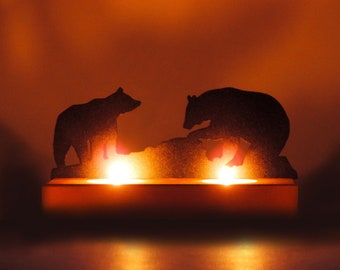 Metal Bear Wood Candle Holder, Home Decor and Gifts, Double Bear Metal with Wooden Candleholder, Table Accessory, Tealight, Christmas Gifts