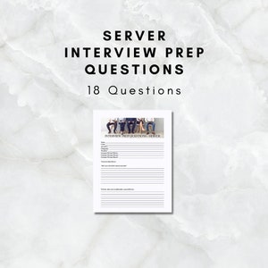 Op de afbeelding: Een wit vel papier met de tekst "SERVER INTERVIEW PREP QUESTIONS" en "18 Questions" in het zwart. Het papier bevat een sectie voor interviewdetails en vragen. Bovenin staat een foto van zittende mensen.