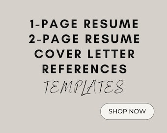 May include: A beige graphic with the text "Bonus Guide" at the top. The text "1-PAGE RESUME, 2-PAGE RESUME, COVER LETTER, REFERENCES, TEMPLATES" is in the center. A white button reads "SHOP NOW". The phrase "Get The Job You Want" is at the bottom.