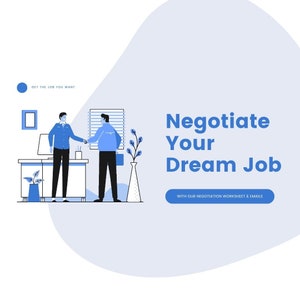 Peut inclure: Illustration de deux personnes se serrant la main dans un bureau. Le texte "Négocier votre emploi de rêve" est affiché au-dessus d'un bouton bleu qui indique "AVEC NOTRE FICHE DE NÉGOCIATION ET NOS E-MAILS".