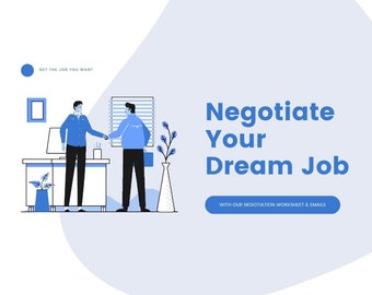 Peut inclure: Illustration de deux personnes se serrant la main dans un bureau. Le texte "Négocier votre emploi de rêve" est affiché au-dessus d'un bouton bleu qui indique "AVEC NOTRE FICHE DE NÉGOCIATION ET NOS E-MAILS".