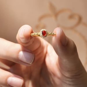 Può includere: Un anello d'oro con una pietra ovale rossa circondata da piccole pietre trasparenti.