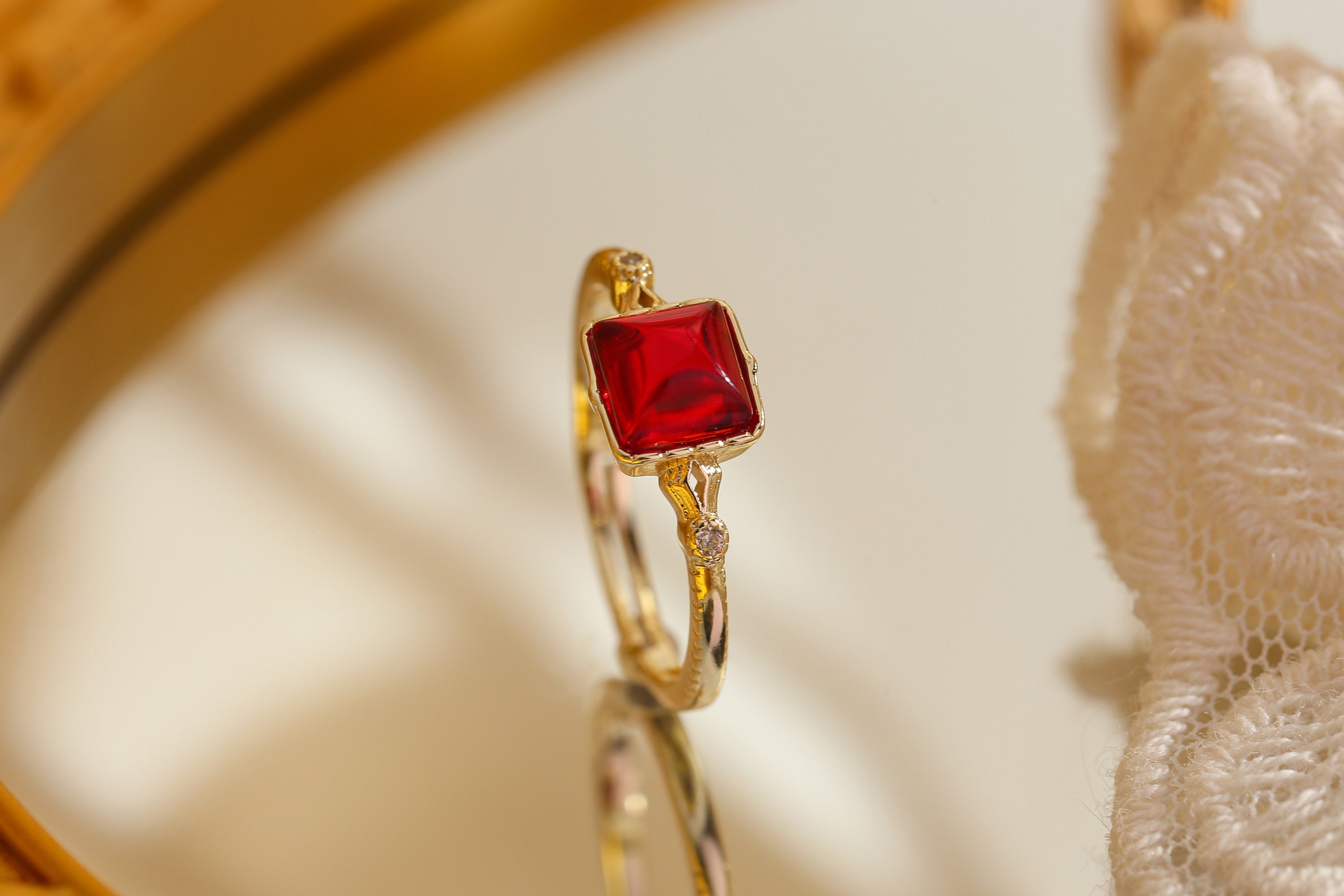 18K Gold Plated Ruby & Cubic Zirconia Ring | Stackable Solitaire Ring For Women Sizes 5-10