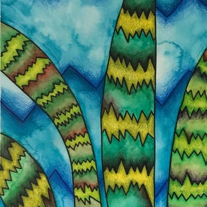 Original handgemalter Kaktus, Aquarell gemischt mit Aquarellstiften und Bleistiften - UK Porto