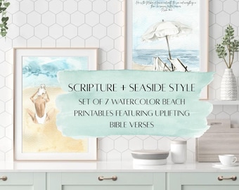 5x7 Watercolor Beach Wall Art|Bible Verse Printable|Christian Home Decor|Scripture Wall Art|Coastal Digital Print|Faith Gift