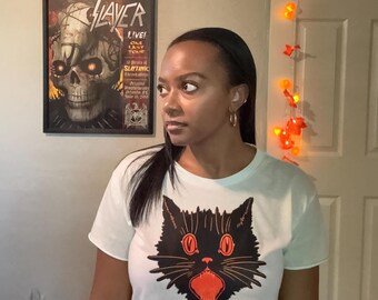 May include: A white t-shirt featuring a black cat face with orange eyes and mouth. A framed poster with a skull graphic hangs on the wall. The poster has the word "SLAYER" at the top.