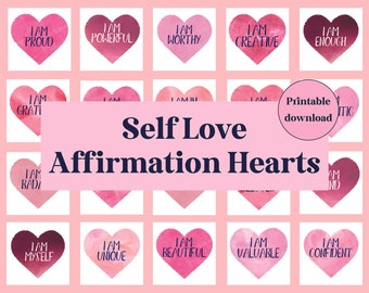 60 Self Love Hearts Affirmation Cards, Printable Positive Affirmation Cards, Valentine Self Care Hearts Set, Digital Download, PDF
