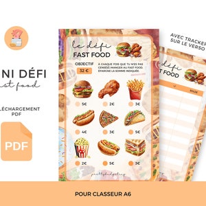 May include: A printable fast food challenge tracker with a watercolor design. The tracker includes a list of fast food items with their corresponding prices. The challenge is to save a total of $32 by avoiding fast food.