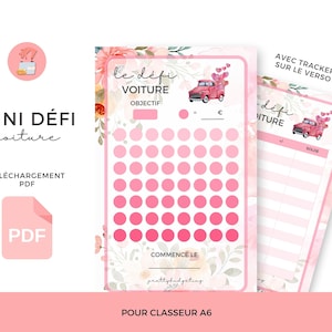 Peut inclure: Un tracker de défi imprimable rose et blanc avec un motif floral. Le tracker est pour économiser pour une voiture. Il comprend une grille de cercles à colorier au fur et à mesure que vous économisez, une section pour suivre vos progrès et une section pour suivre votre solde. Le texte sur le tracker dit "le défi voiture".