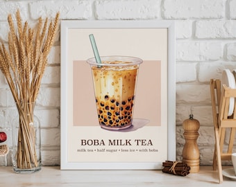 Póster de arte mural de té con leche Boba / descarga digital imprimible para decoración del hogar, té de burbujas de Taiwán