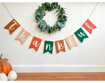 Thankful Wooden Handmade Banner: Fall Thanksgiving Decor, Reusable Home Mantle Autumn Sign