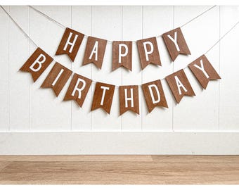 Happy Birthday Brown Wood Grain Handmade Wooden Banner: Kids and Family Hand-Painted Party Decor, Reusable Rustic Birthday Garland