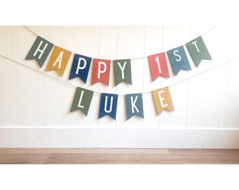 Personalized Wooden 1st Birthday Banner: Colorful, Hand-Painted First Birthday Party Decor