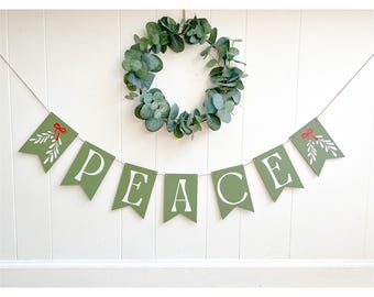 Peace Wooden Handmade Christmas Banner: Holiday Mantle Decor, Reusable Peace Garland