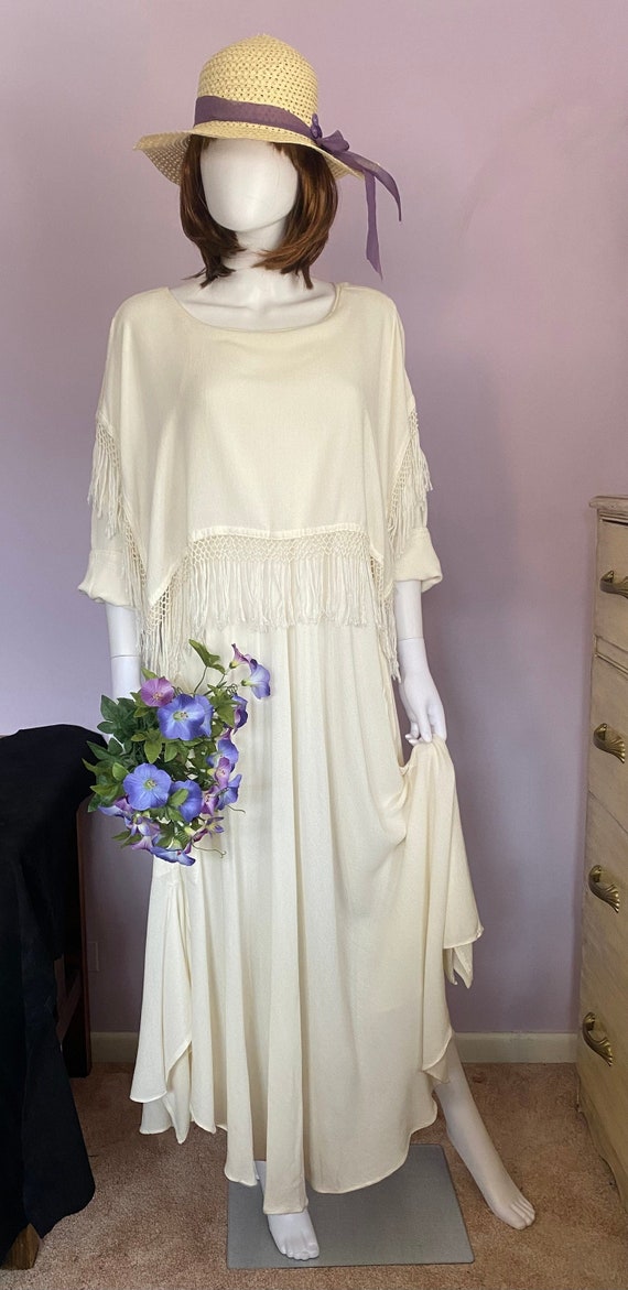 Vintage 90s White Bias-Cut Maxi Dress -- Flowing Boho Bridal Gown, Raglan Sleeves, Pockets.
