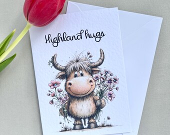 Highland Cow Floral Art Card, Watercolor Style Greeting, 5x7 Birthday Friendship Envelope