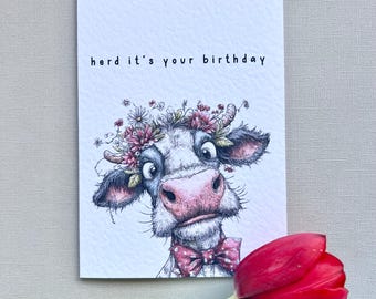 Cow Birthday Card – Illustrated Floral Crown Pun Greeting – Personalised Farm Animal Card