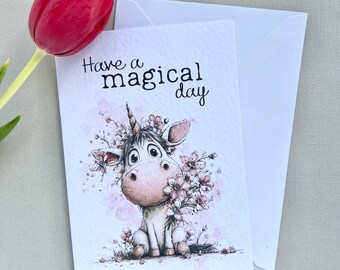 Whimsical Unicorn Floral Greeting Card, Have a Magical Day Birthday Card (5x7)