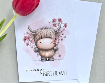 Highland Cow Birthday Card, Fluffy Animal, Pink Blossoms, 5x7 Greeting (Includes Envelope)