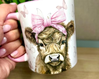 Highland Cow Mug, Pink Bow, Farmhouse Coffee Cup