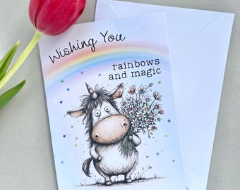 Unicorn Greeting Card, "Wishing You Rainbows and Magic", Whimsical Birthday Card, 5x7 Matte Print