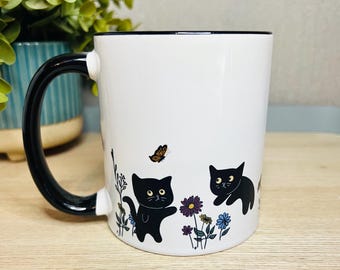 Black Cat Mug, Kitty and Butterfly Coffee Cup