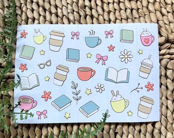 Pastel Coffee and Books Vinyl Sticker Sheet, Waterproof Decals