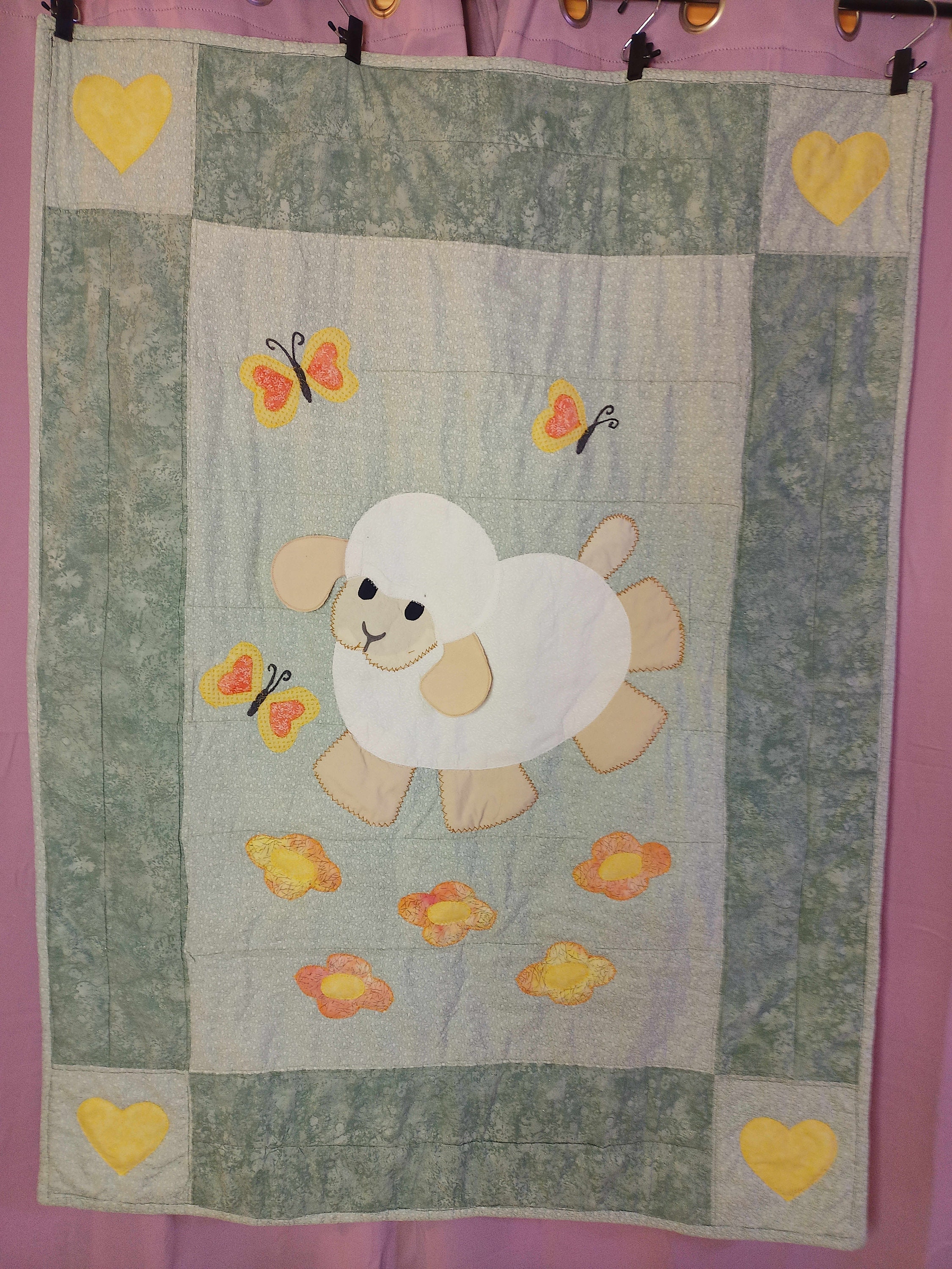 Handmade Lamb, Butterfly and Flowers Raw Edge Applique Quilt - Etsy, image size:2250x3000