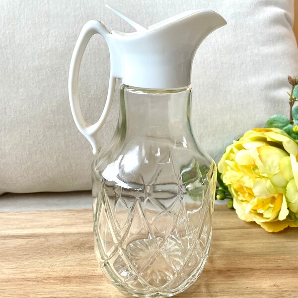 Vintage Twinpak - Glass Syrup Dispenser Jar /Jug with White Plastic Top and Handle, Retro MCM Kitchen Housewares