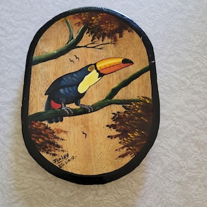 Vintage Hand-Painted Tropical Toucan Bird Wooden Wall Art 1988 Signed