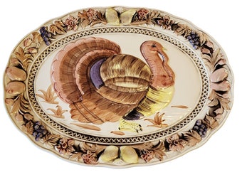 Vintage Embossed Ceramic Turkey Platter 19 in Hand Painted Japan Thanksgiving