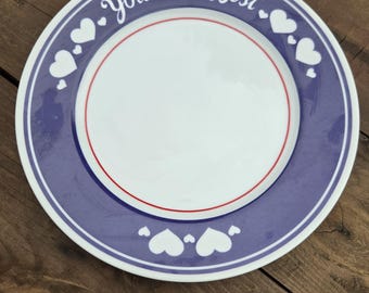 Jesteś najlepszy, ceramiczny talerz Discovery Toys 10" w kolorze niebiesko-białym z serduszkami