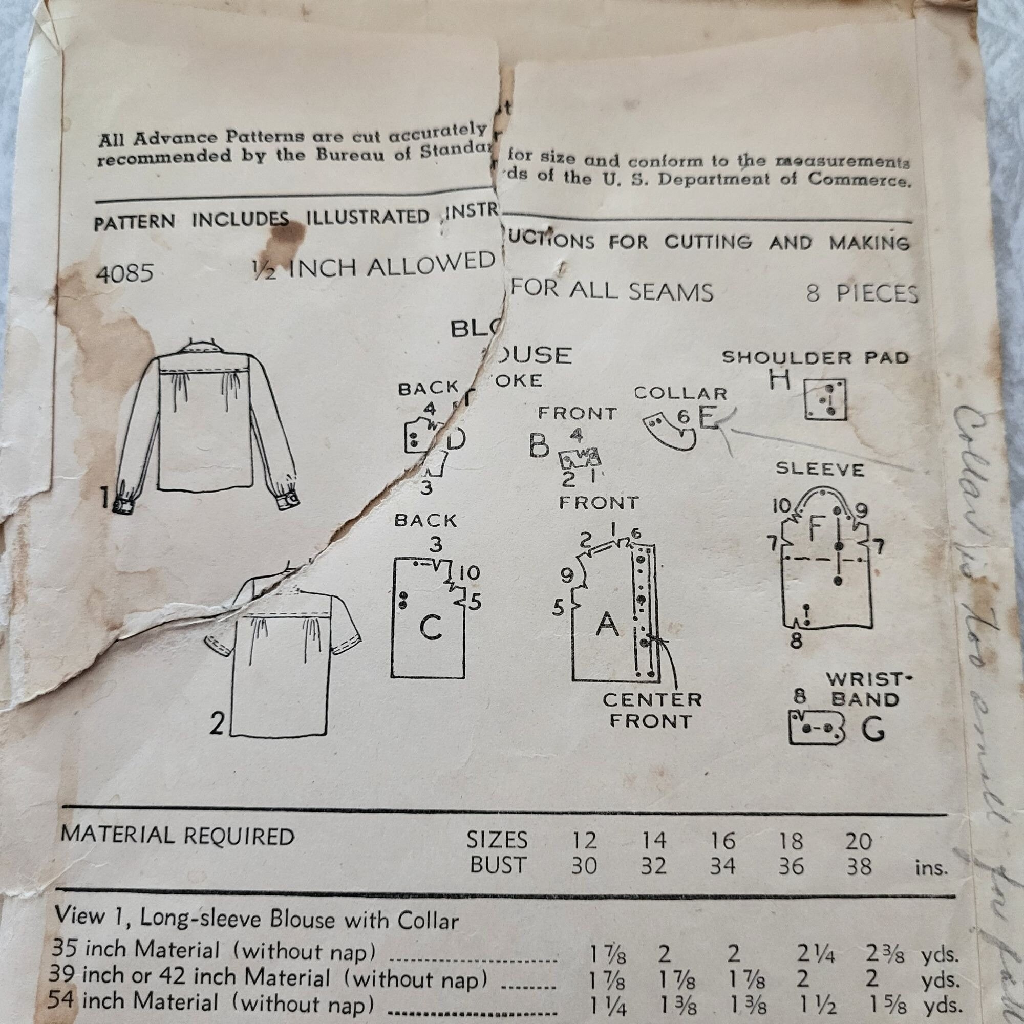 Vintage Advance Sewing Pattern 4085 Short and Long Sleeve Blouse Size ...