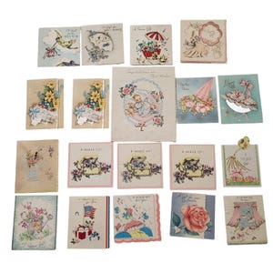 Lote de 19 cartões de felicitações vintage dos anos 40-60, lembranças de chá de bebê para casamento