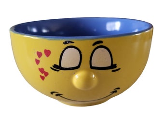 Funny Face 3D Nose Cereal Bowl Smile Smiling Hearts Yellow Blue Humorous Gift