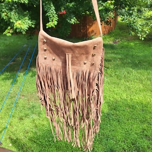 Brown Tan Suede Fringe Crossbody Bag With Studded Accents Western