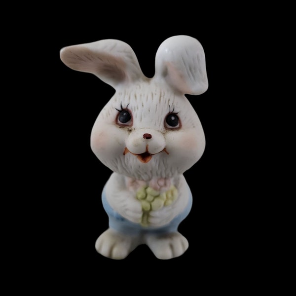 Vintage Easter Bunny Rabbit Blue Pants Flowers Figurine Figure White 2.5 in