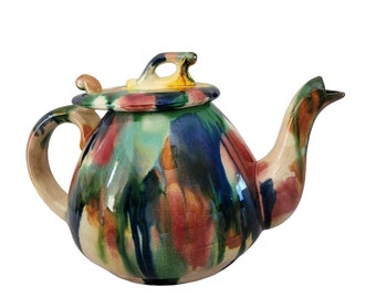 Bendigo Pottery Teapot Mottled Colored Glazes Lid with Hole to Hook on to Handle