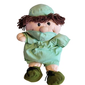 Vintage Kamar 15&quot; Doctor Nurse Plush Doll Green Scrubs Cap Yarn Hair Mask