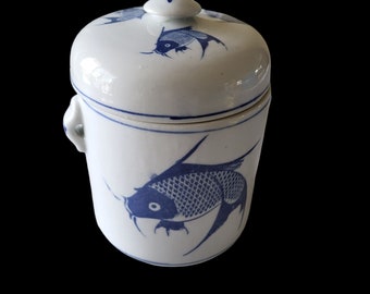 Vintage Blue Koi Fish Ginger Jar Pot Canister with Lid Asian Carp Ceramic 7 in