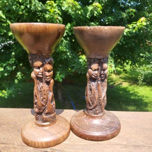 Vintage Hand-Carved in Kenya Wooden Candlestick Holders With Tribal Figures
